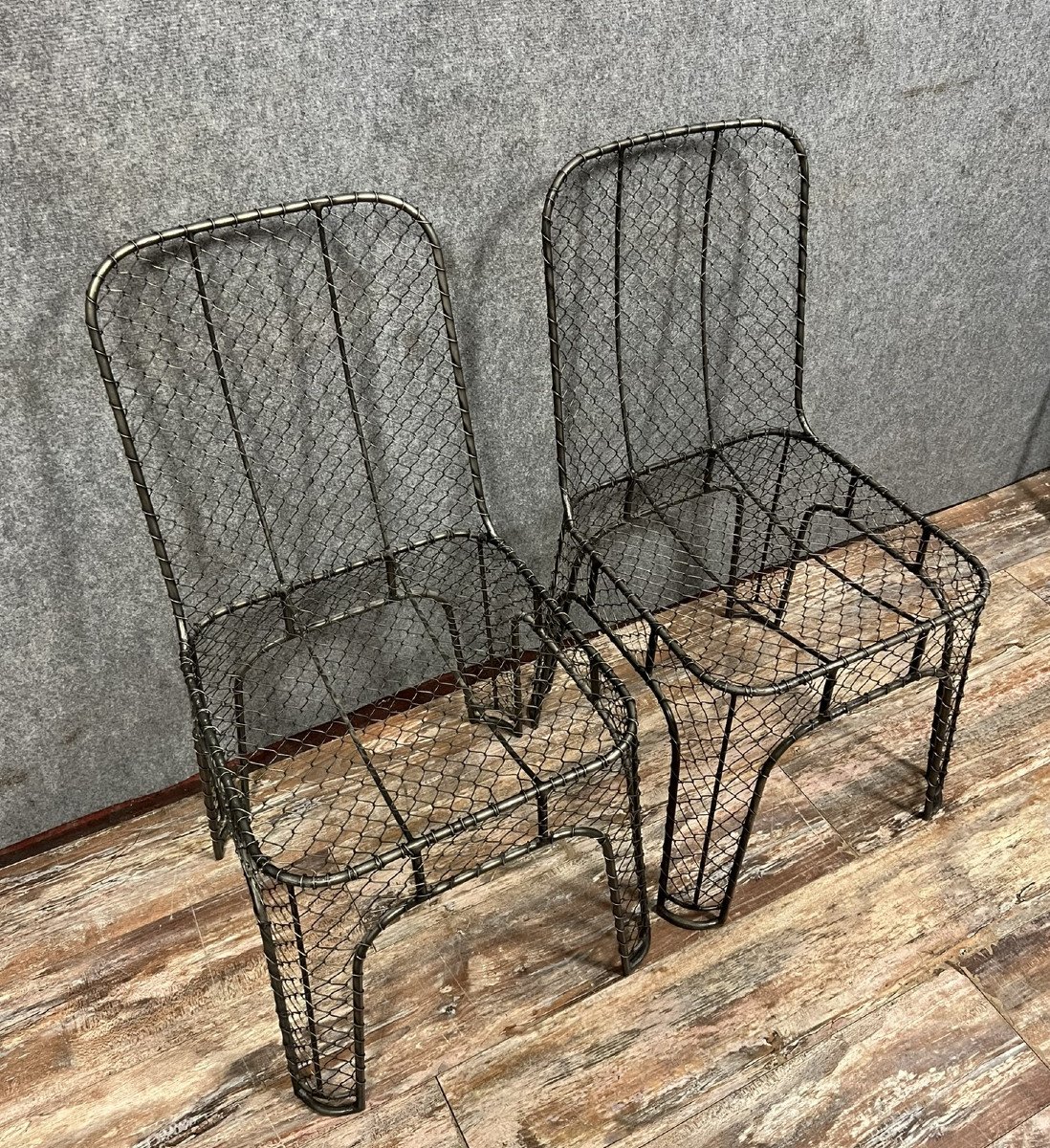 Rare Pair Of Industrial Design Chairs In Woven Iron -photo-2