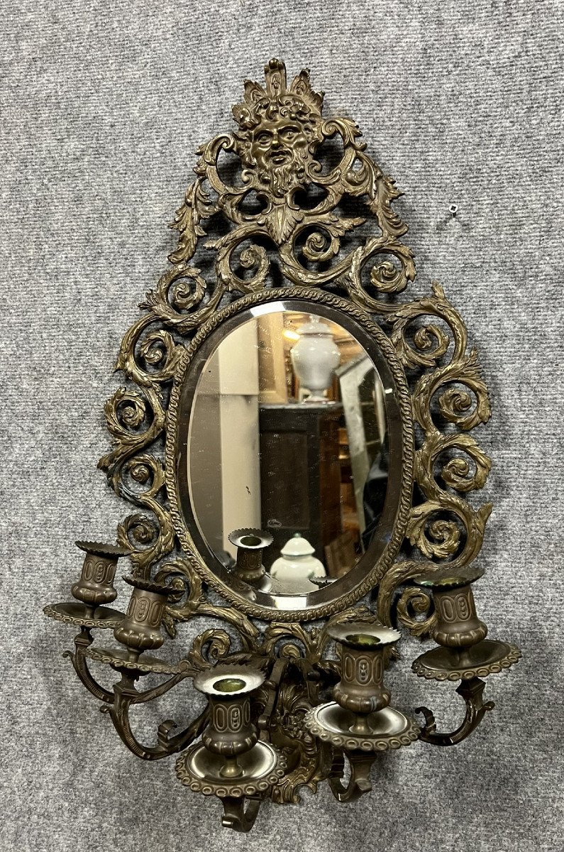 Important Pair Of Renaissance Style Mirror-based Sconces In Chiseled Bronze -photo-4