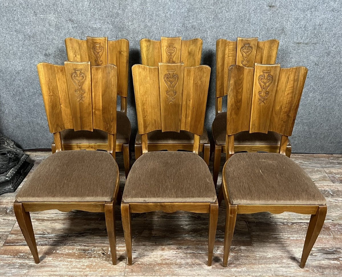 Série De 6 Chaises époque Art Déco En Noyer A Dossiers éventail Circa 1930