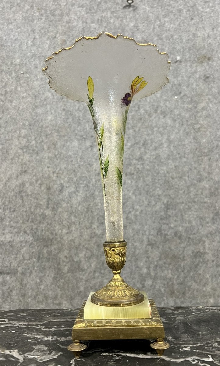  Vase Soliflore / Tulipier En Verre émaillé, Marbre Et Bronze Doré -photo-1