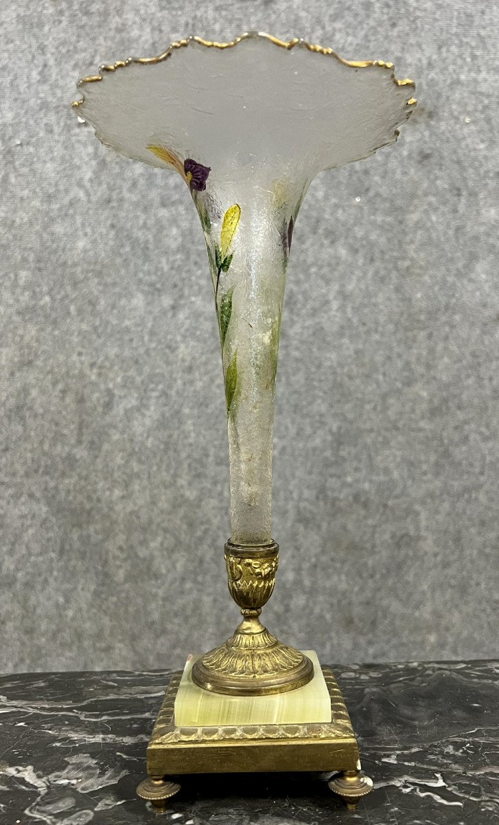  Vase Soliflore / Tulipier En Verre émaillé, Marbre Et Bronze Doré -photo-4