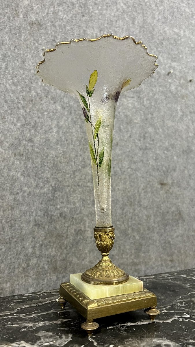  Vase Soliflore / Tulipier En Verre émaillé, Marbre Et Bronze Doré 