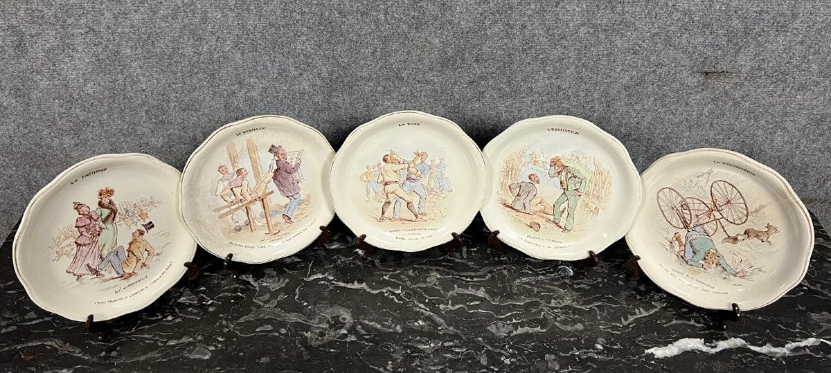 Lunéville Keller Guerin: Suite Of 5 Humorous “talking” Plates -photo-1