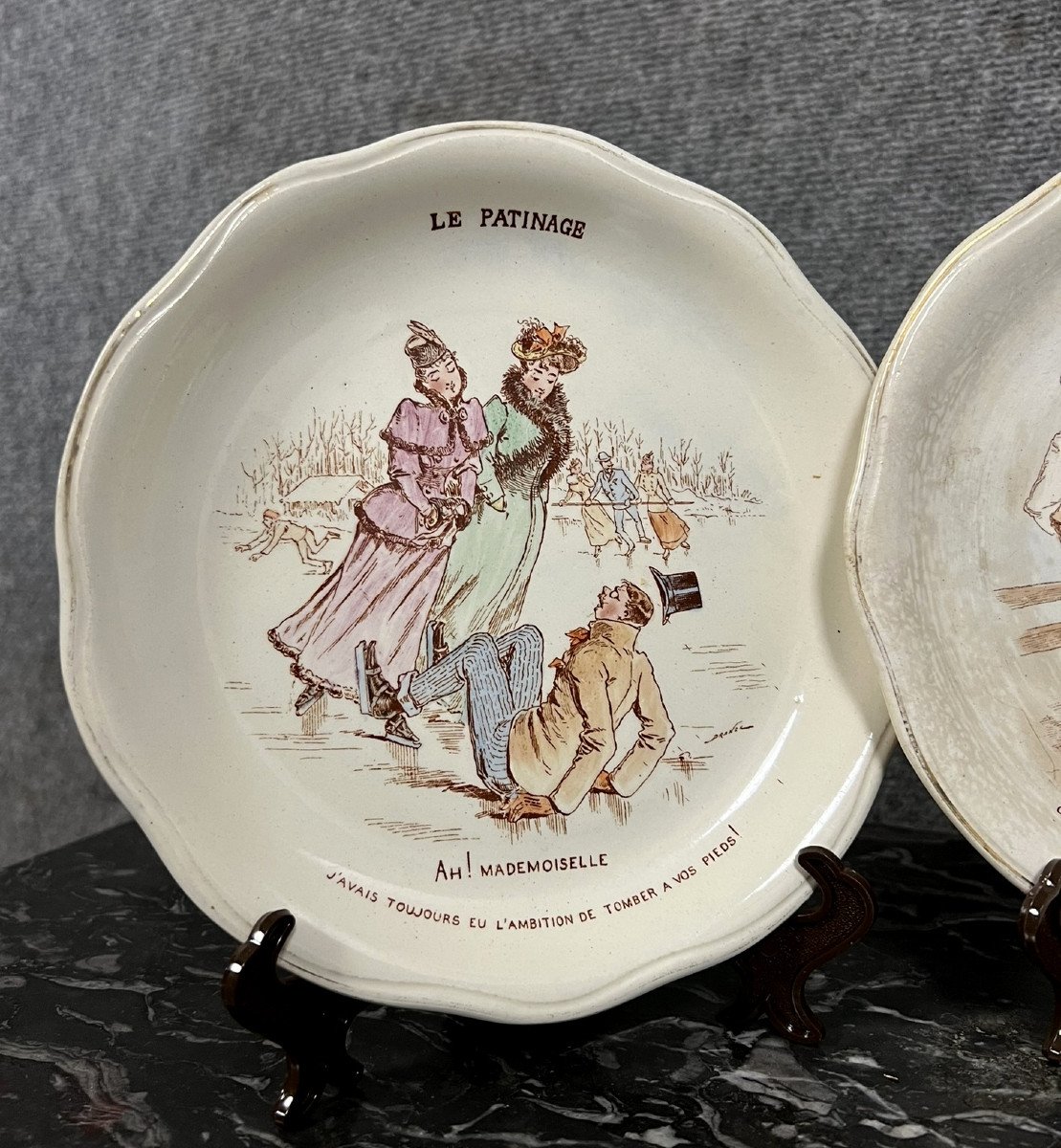 Lunéville Keller Guerin: Suite Of 5 Humorous “talking” Plates -photo-2