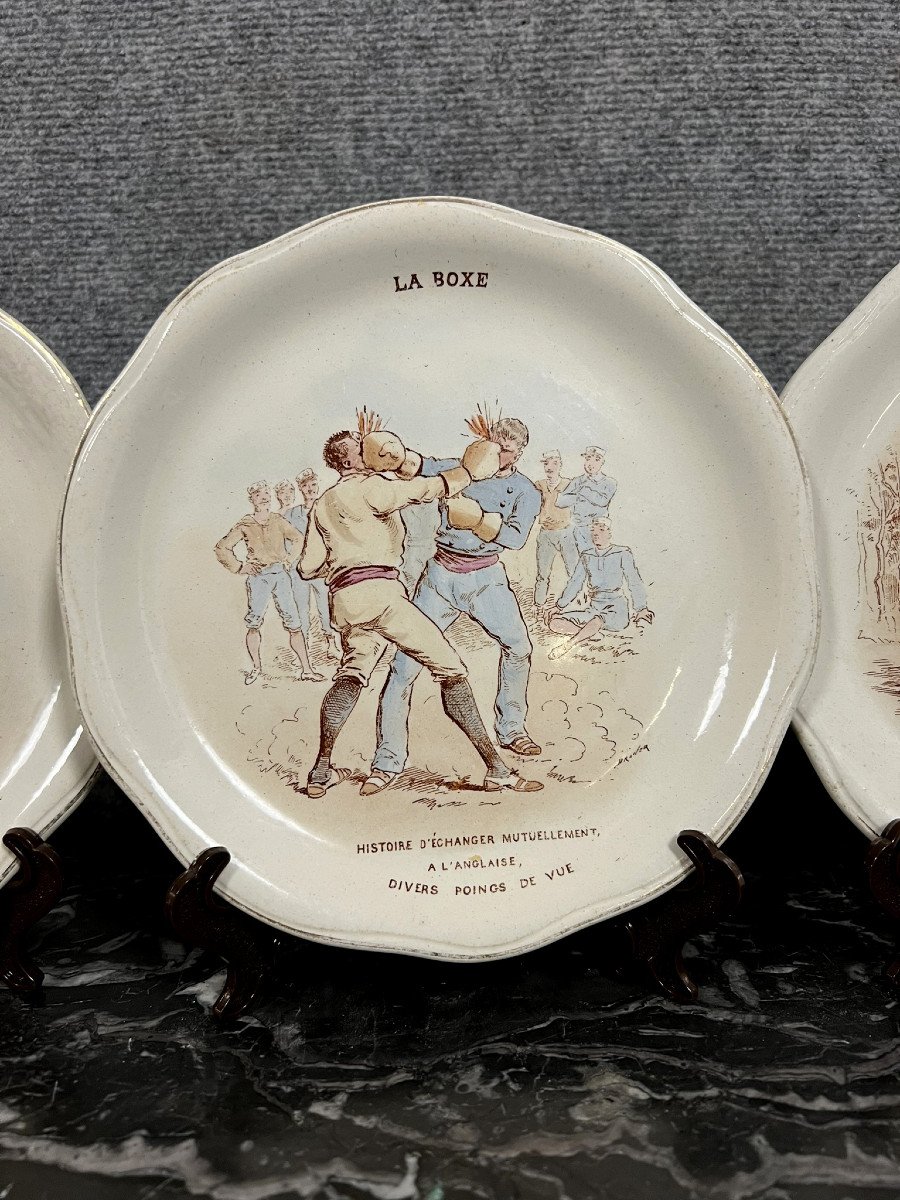 Lunéville Keller Guerin: Suite Of 5 Humorous “talking” Plates -photo-4