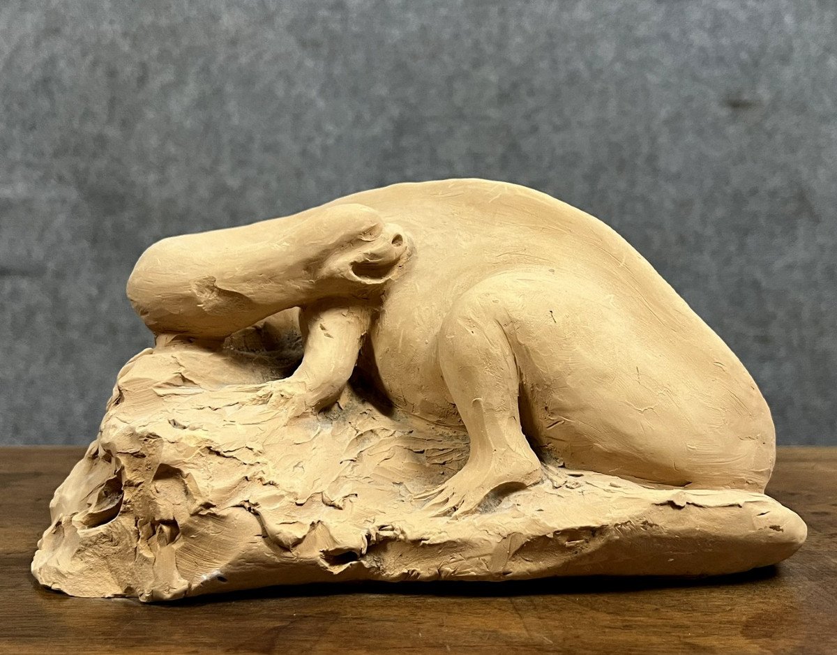 Modernist Terracotta Sculpture Depicting A Prehistoric Animal