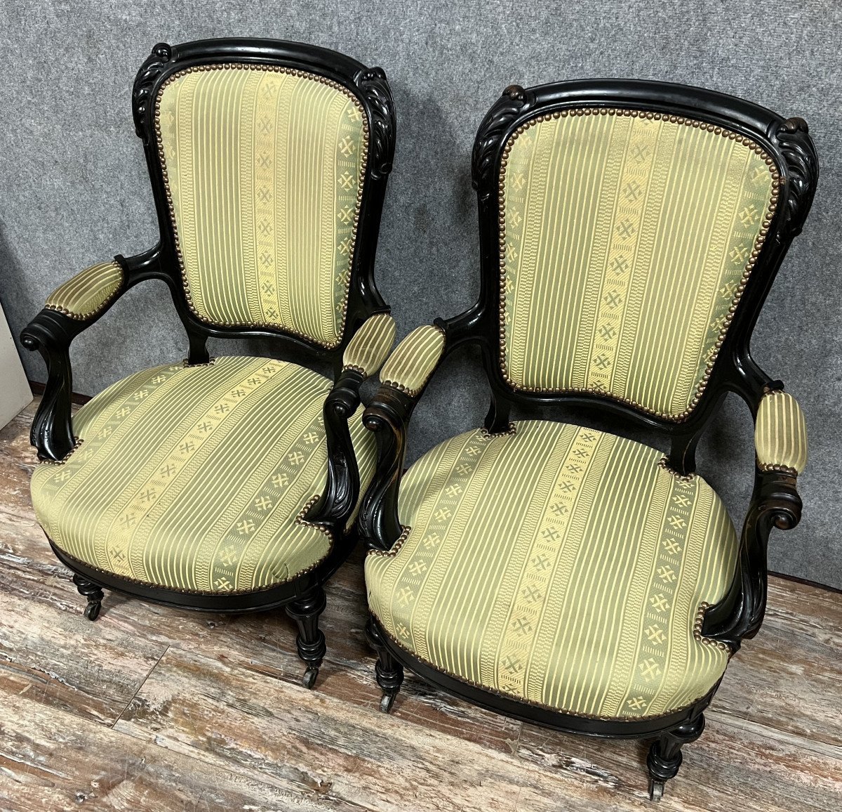 Pair Of Napoleon III Period Armchairs In Blackened Wood-photo-1