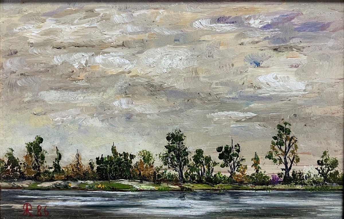 Huile Sur Cuivre Figurant Un Paysage En Bord De Rivière-photo-3