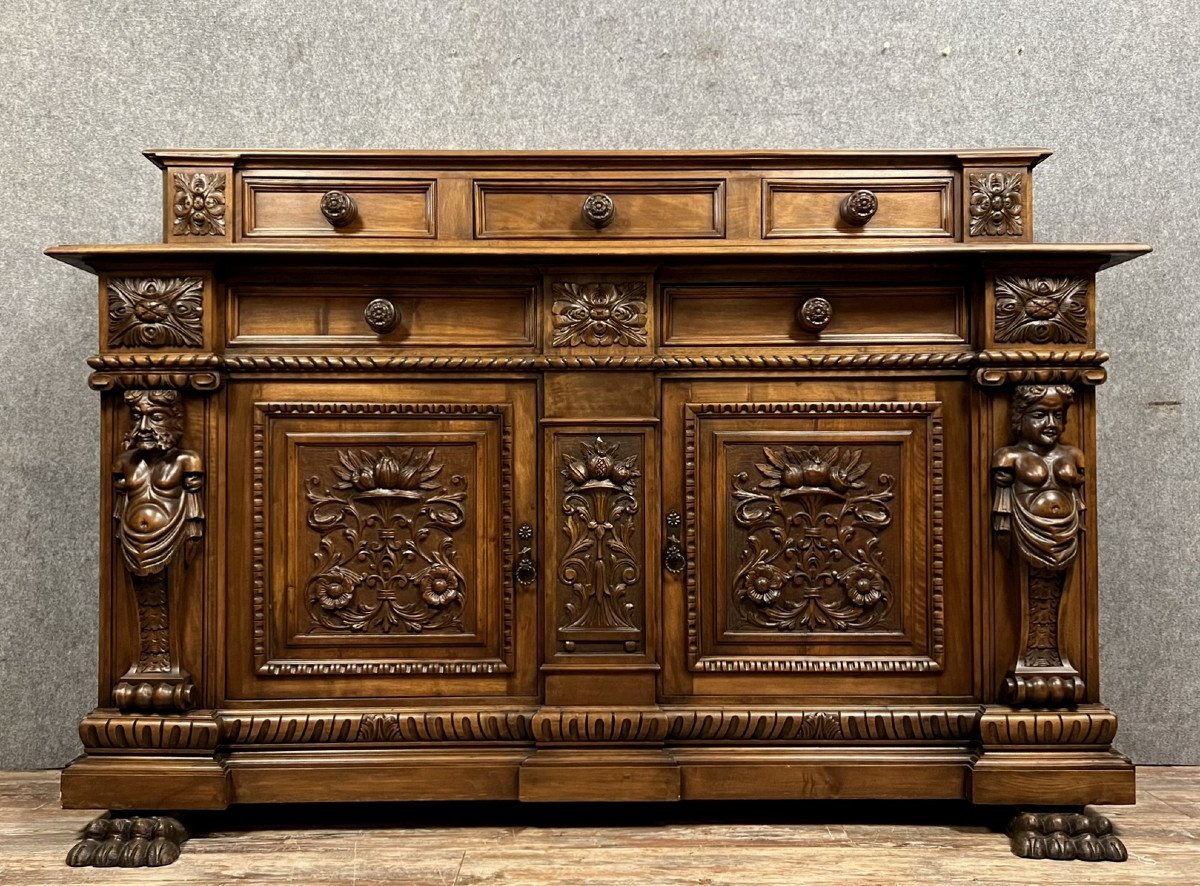  Renaissance Style Caryatides Tiered Buffet In Walnut 