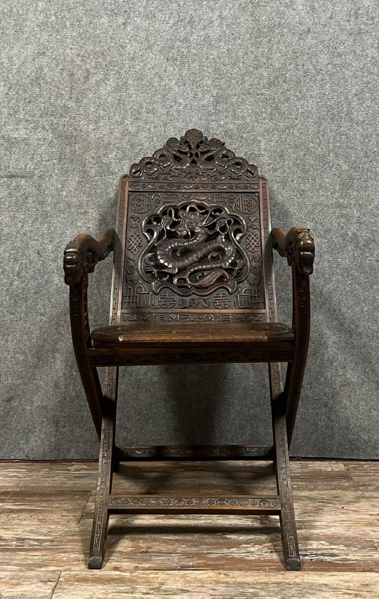 19th Century China: Rare Folding Country Armchair In Carved Walnut -photo-1