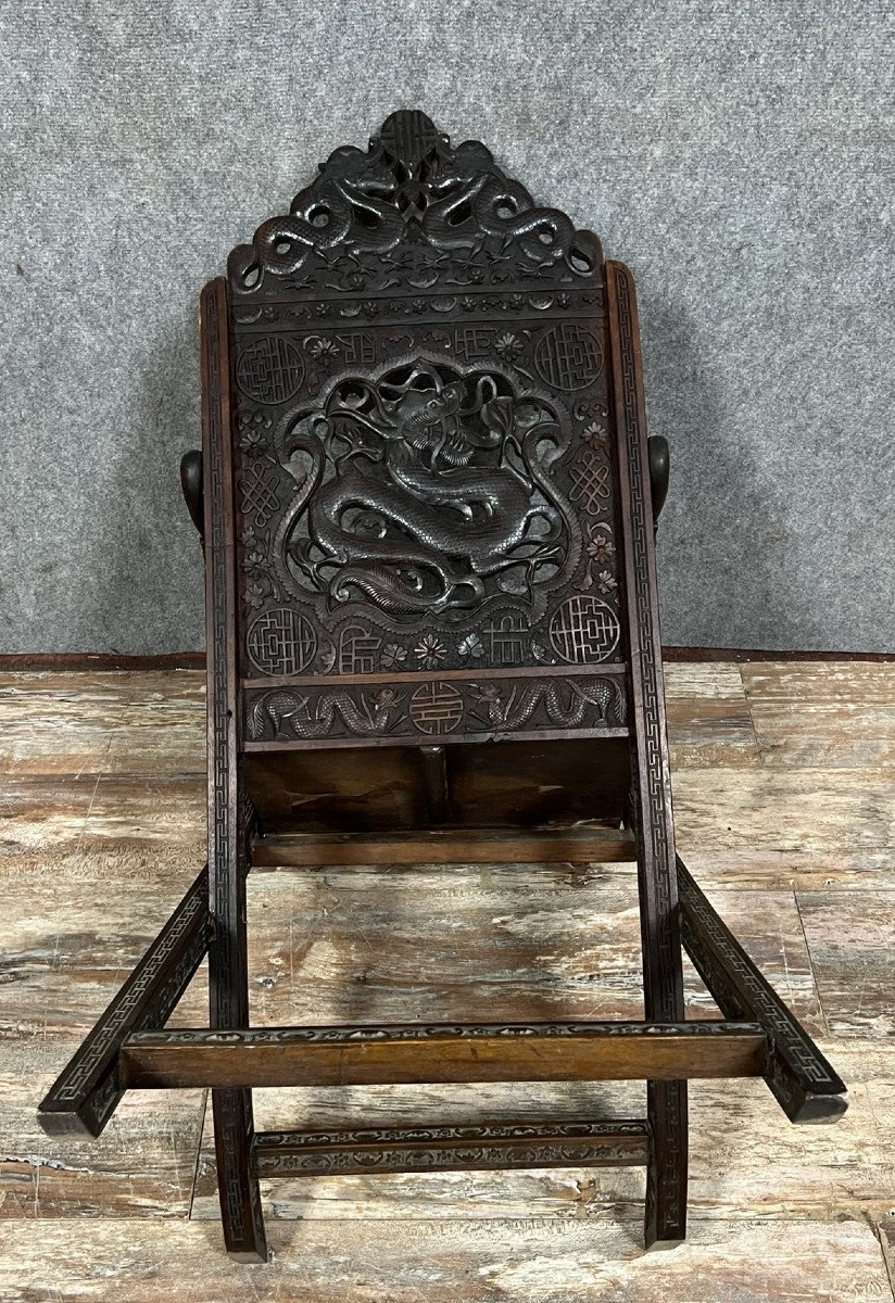 Chine XIXeme : Rare Fauteuil Pliant De Campagne En Noyer Sculpté -photo-5