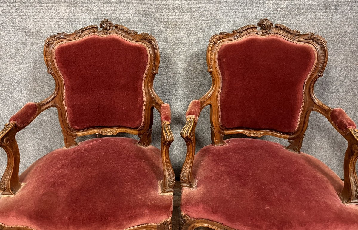 Pair Of Louis XV Rocaille Style Cabriolet Armchairs In Walnut -photo-2