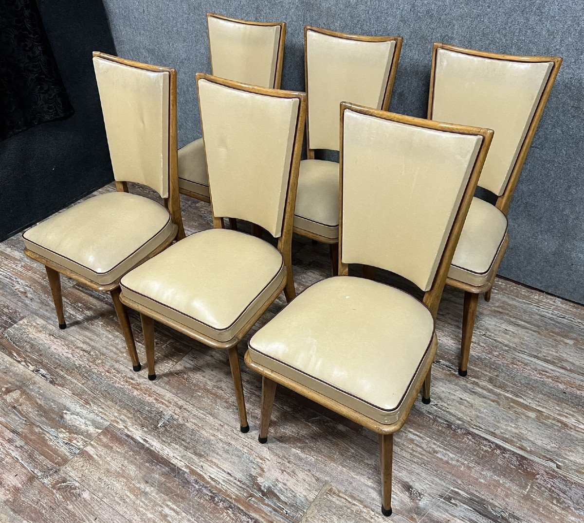 Series Of 6 Vintage Chairs From The 1970s In Light Wood  -photo-3