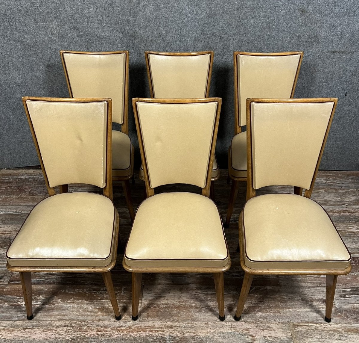 Series Of 6 Vintage Chairs From The 1970s In Light Wood  