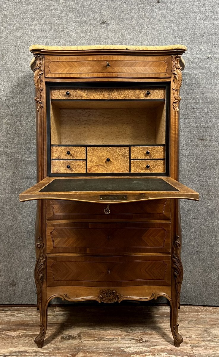 Louis XV Style Curved Secretary In Walnut And Marquetry-photo-6