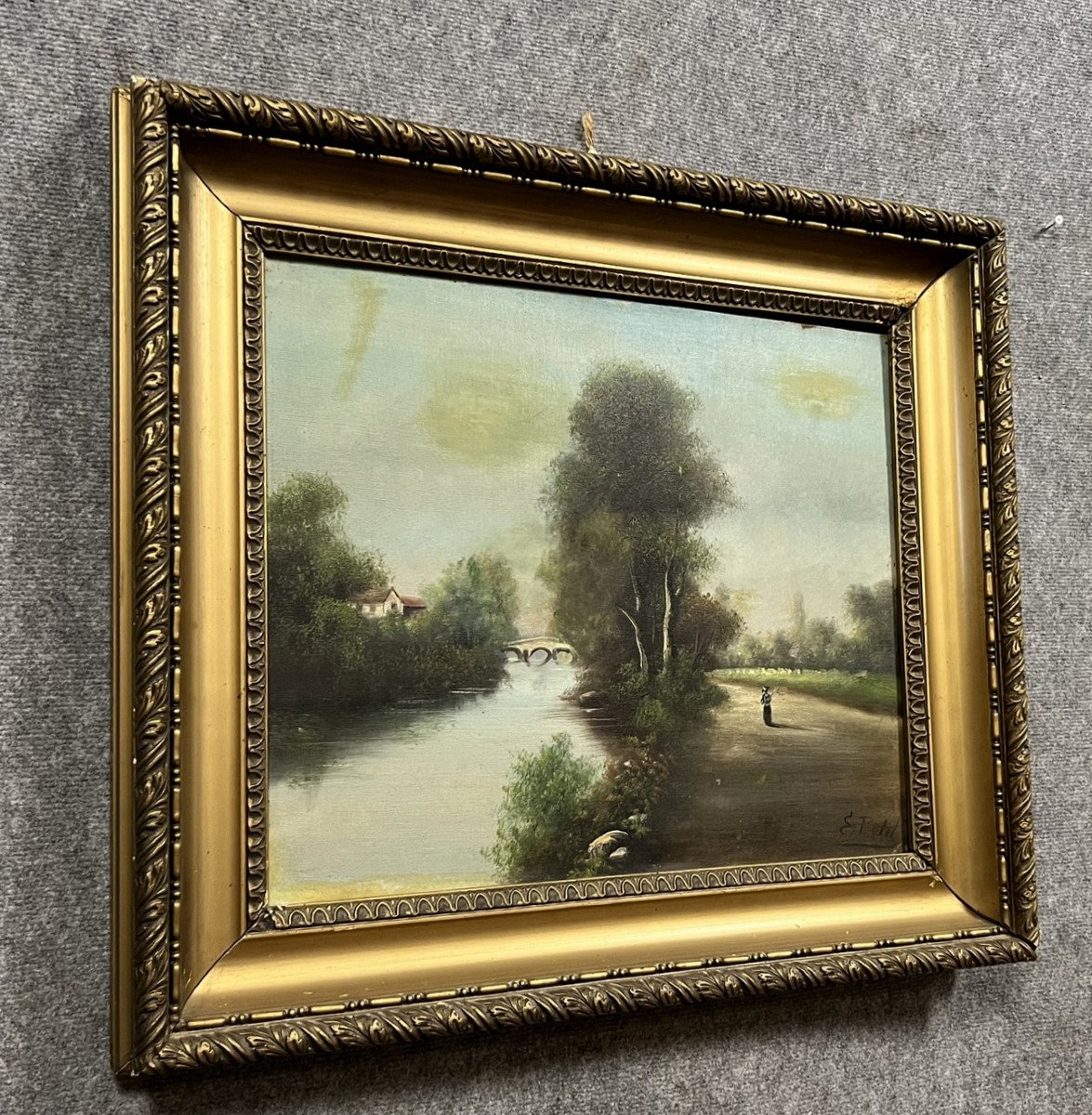 E Petit: Oil On Canvas Animated Landscape On The Bank Of A River -photo-1