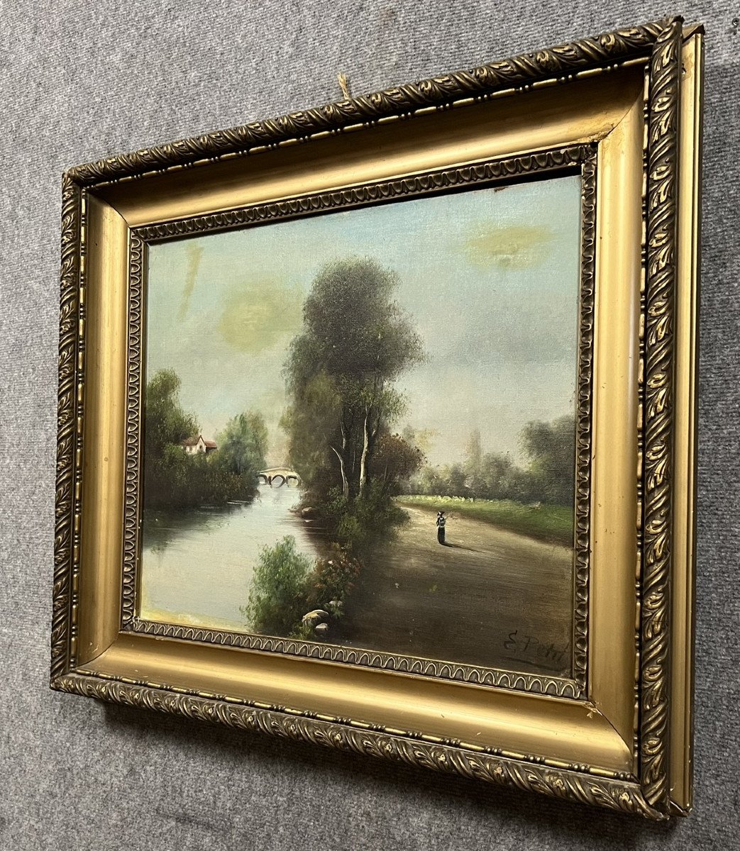 E Petit: Oil On Canvas Animated Landscape On The Bank Of A River -photo-2