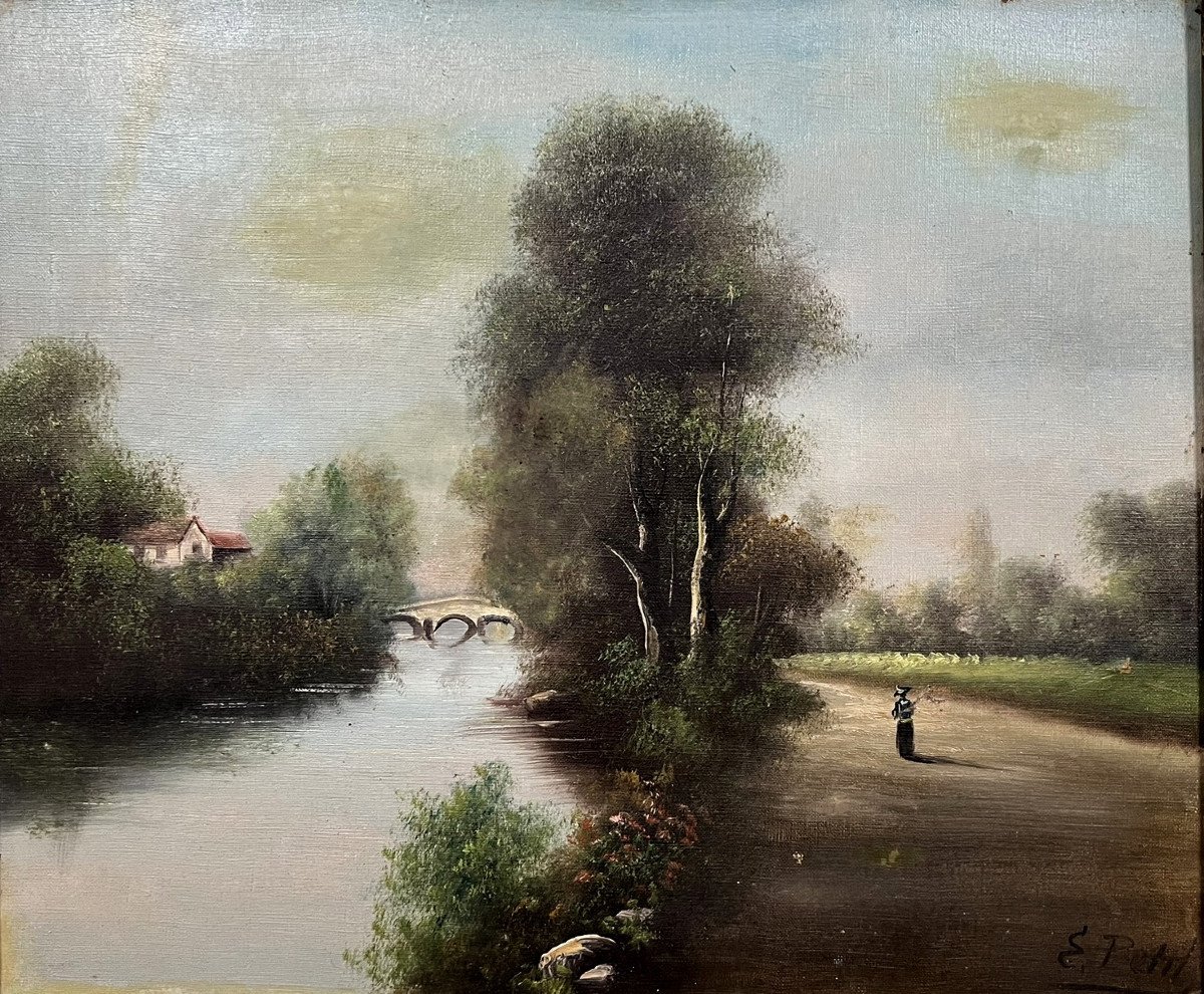 E Petit: Oil On Canvas Animated Landscape On The Bank Of A River -photo-3