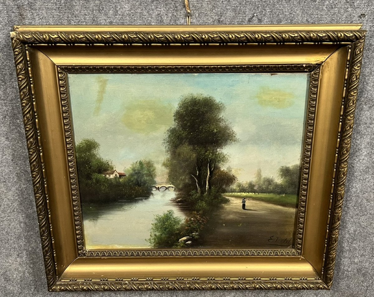 E Petit: Oil On Canvas Animated Landscape On The Bank Of A River -photo-4