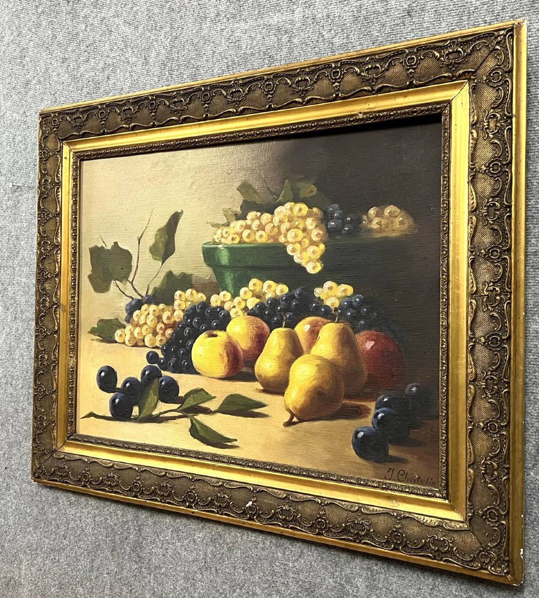 J Chatelin: Oil On Canvas Representation Of A Still Life With Fruits (b)-photo-2