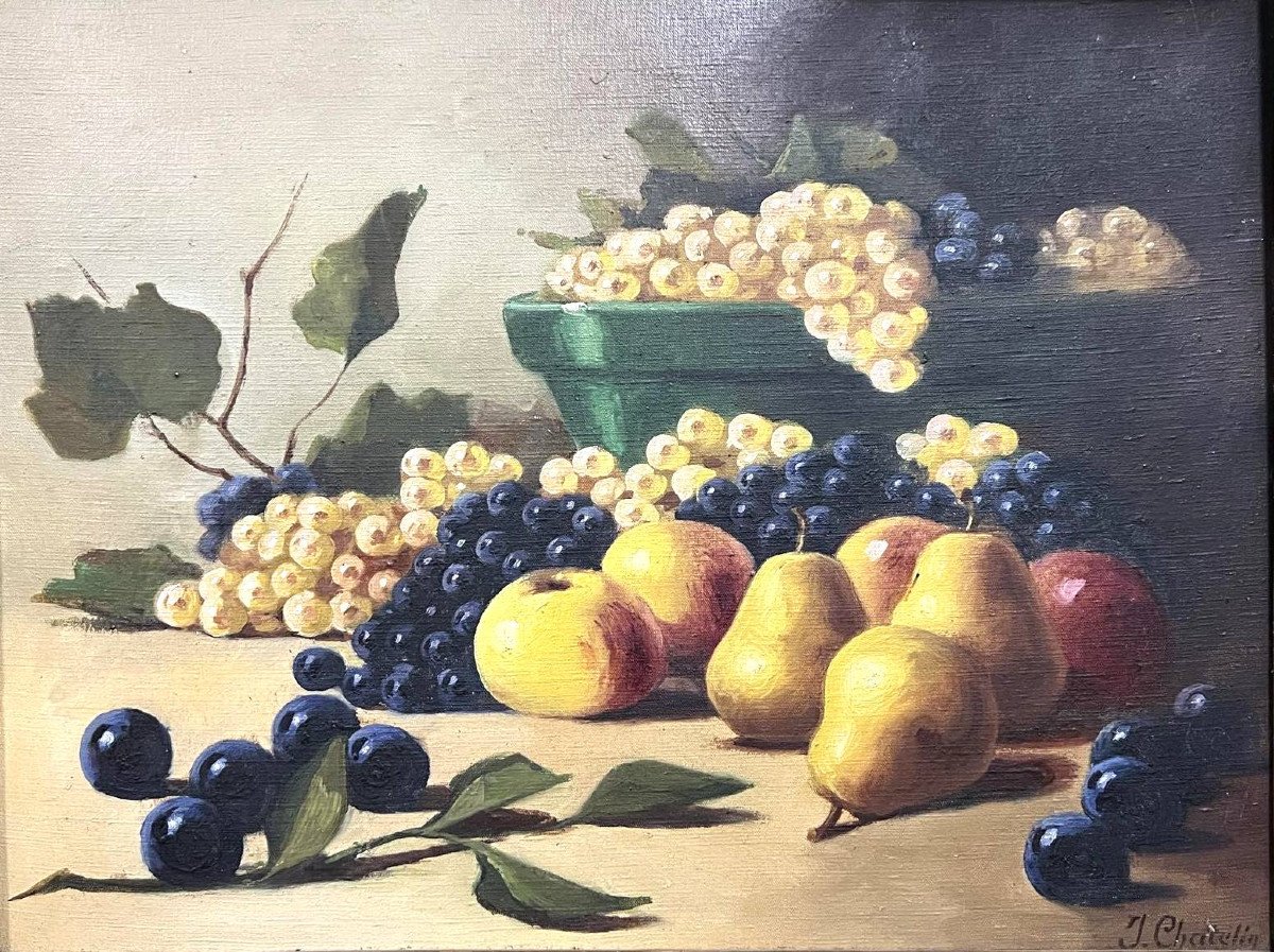 J Chatelin: Oil On Canvas Representation Of A Still Life With Fruits (b)-photo-3