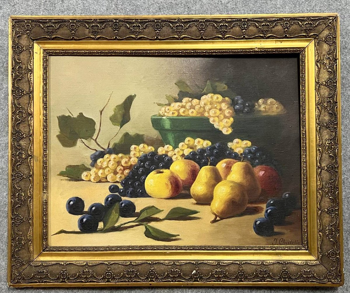 J Chatelin: Oil On Canvas Representation Of A Still Life With Fruits (b)