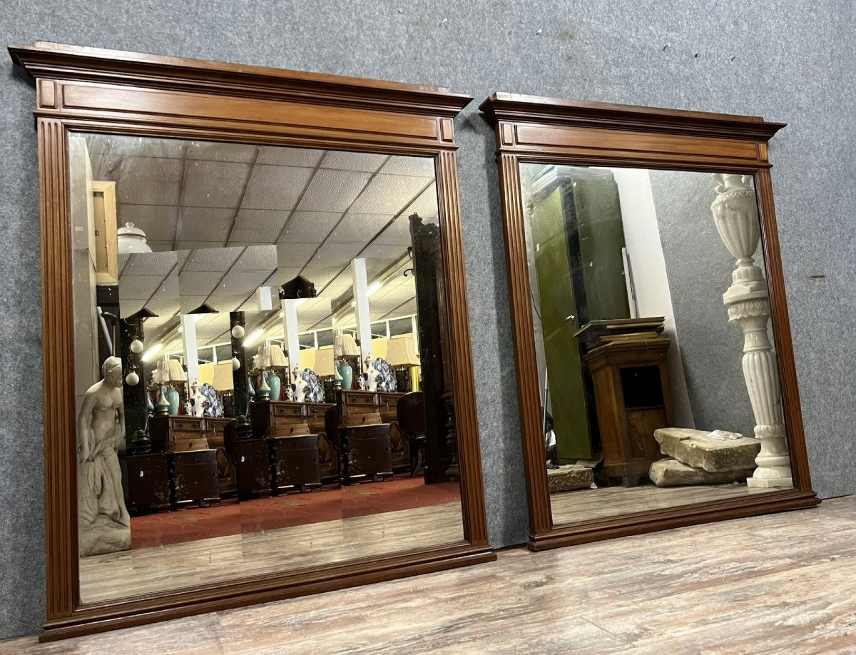 Pair Of Large Rectangular Louis XVI Style Mirrors In Walnut 