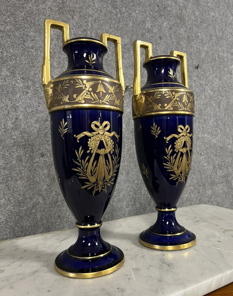 Tours, Jaget And Pinon: Pair Of Earthenware Vases With Handles With Blue Background With Gold Decor   -photo-1