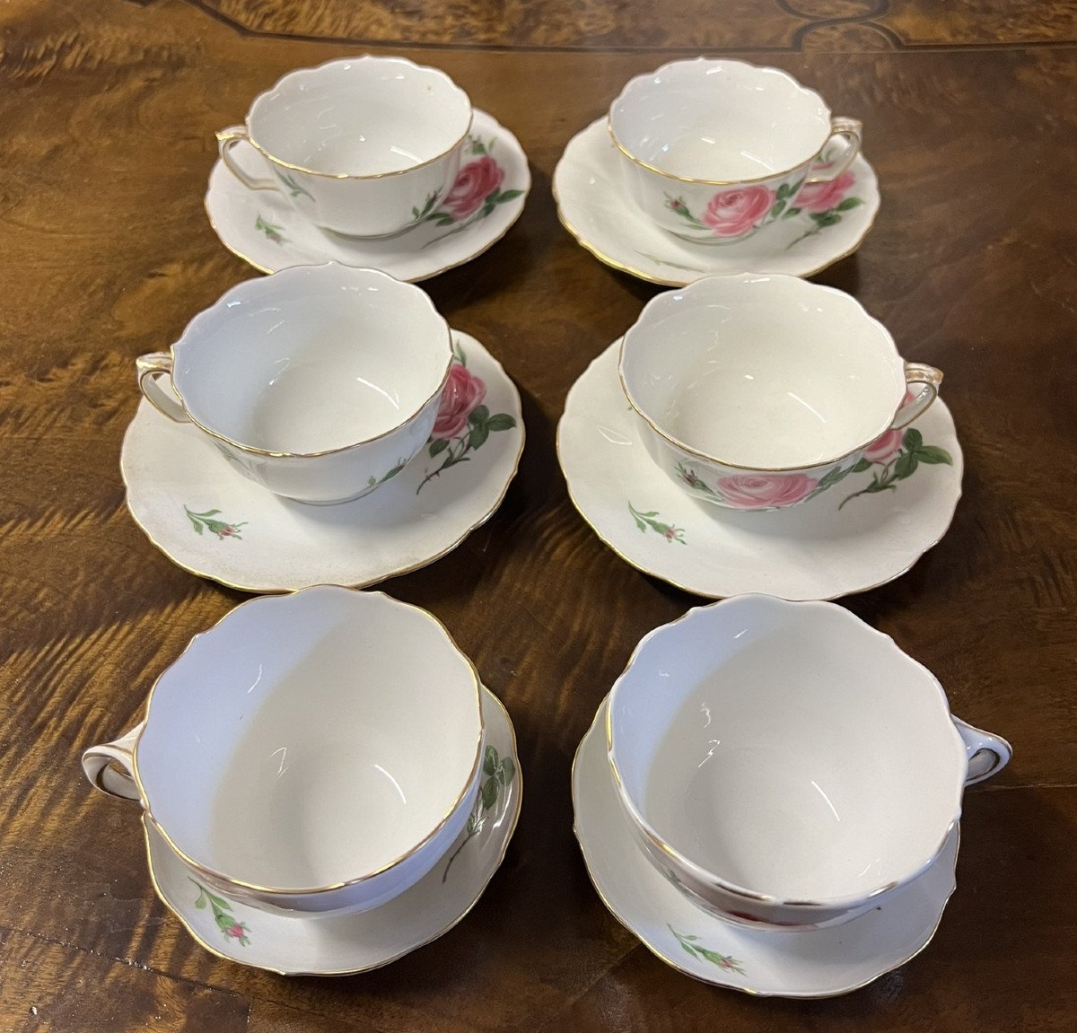 Meissen: Series Of 6 Porcelain Cups And Saucers Rose Model (4 + 2)-photo-2