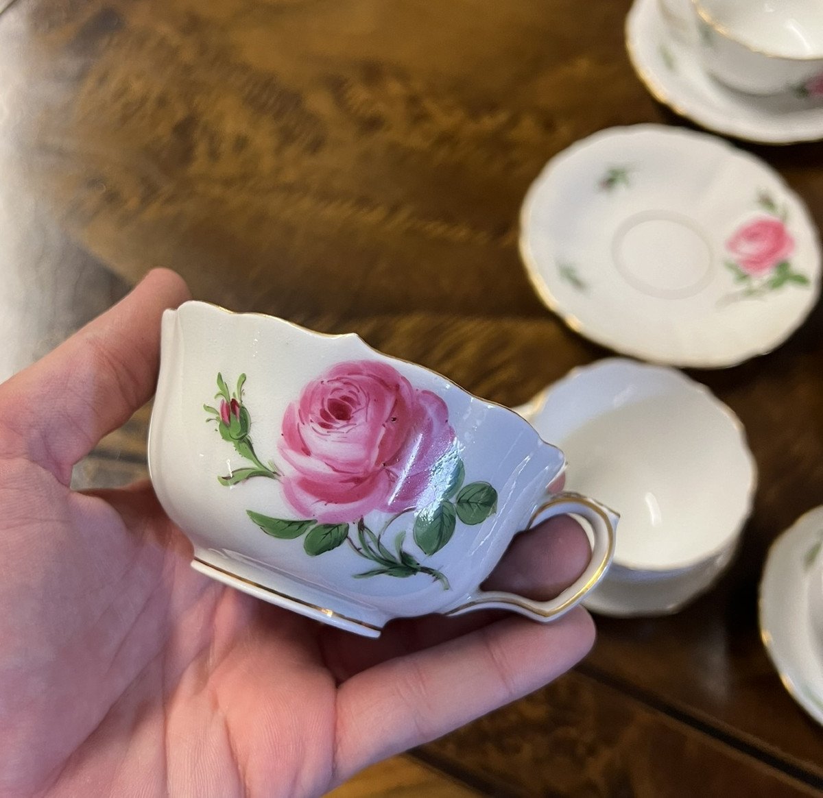 Meissen: Series Of 6 Porcelain Cups And Saucers Rose Model (4 + 2)-photo-4