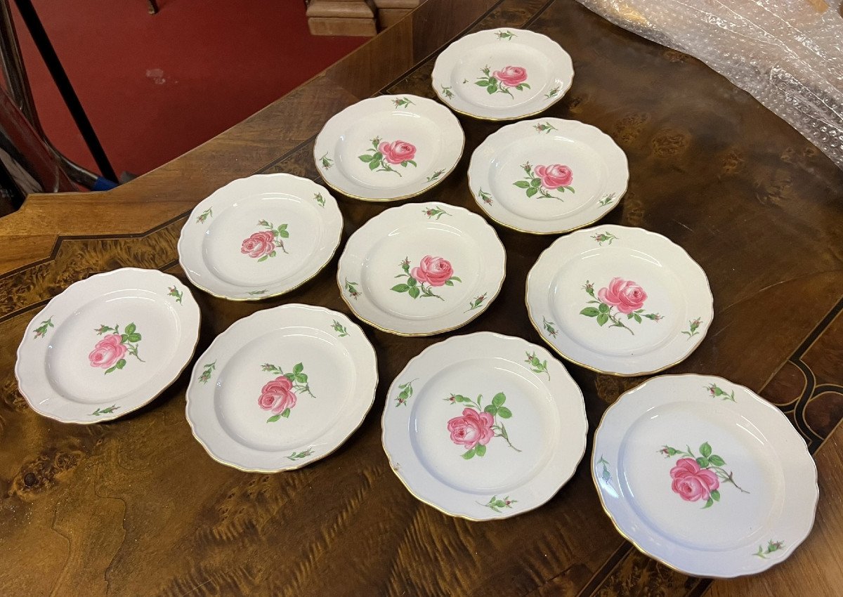 Meissen: Series Of 10 Porcelain Plates Rose Model -photo-3