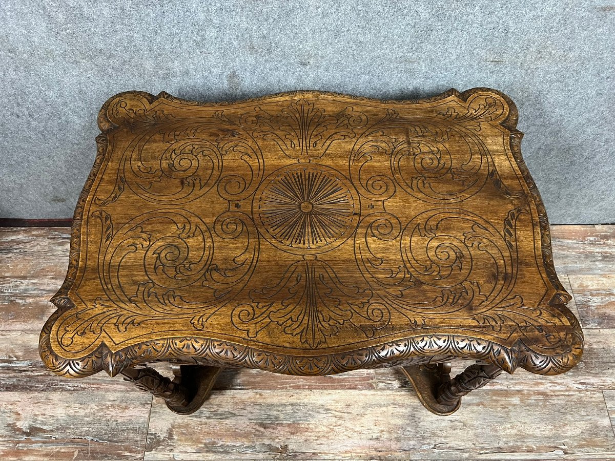 Double-sided Renaissance Desk In Walnut Carved With Plant Motifs -photo-4