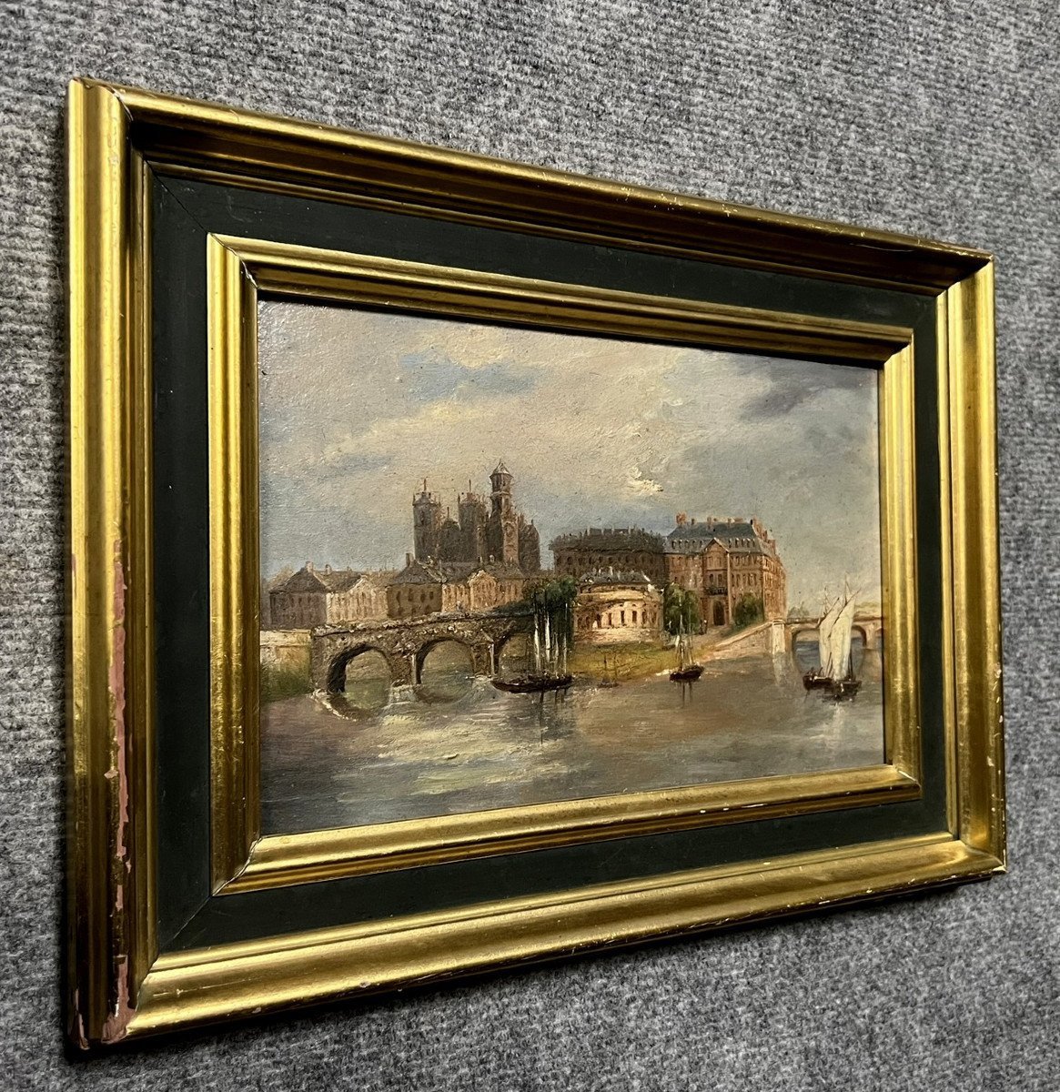 19th Century French School: Oil On Panel "view Of Paris From The Seine"-photo-1