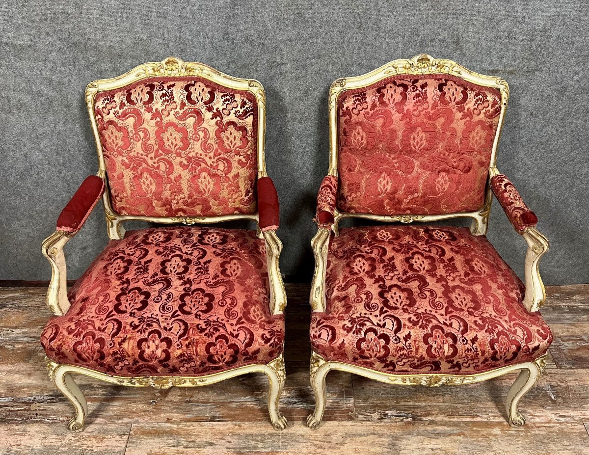 Pair Of Louis XV Style Armchairs In Lacquered And Gilded Wood -photo-1