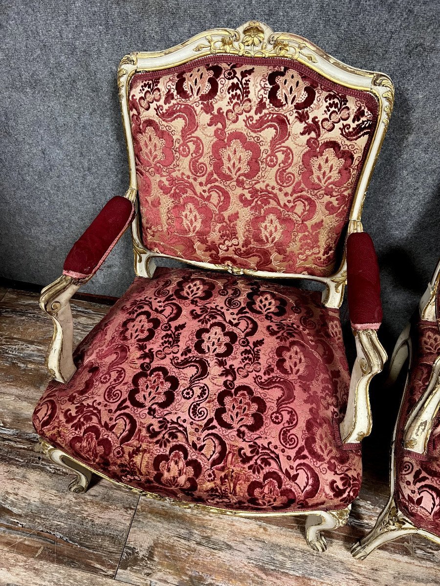 Pair Of Louis XV Style Armchairs In Lacquered And Gilded Wood -photo-3