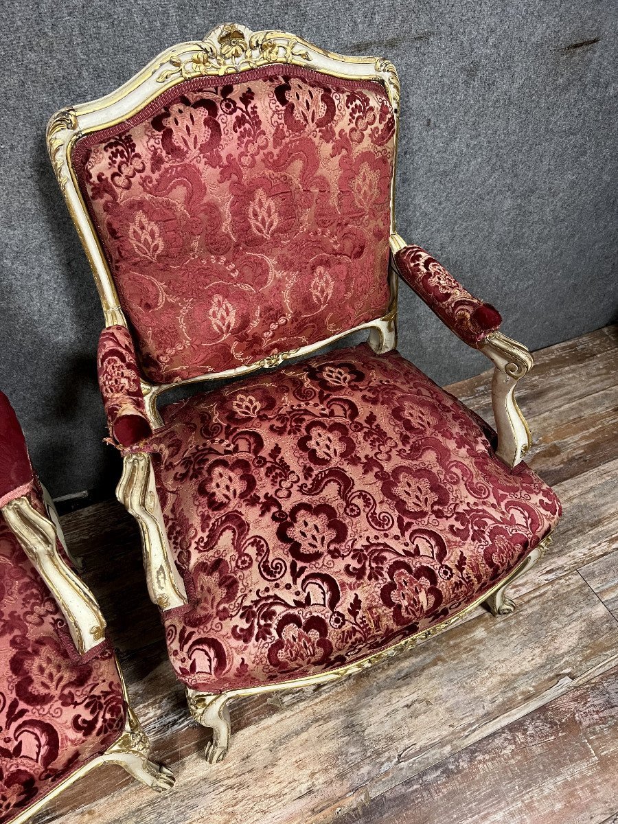 Pair Of Louis XV Style Armchairs In Lacquered And Gilded Wood -photo-4