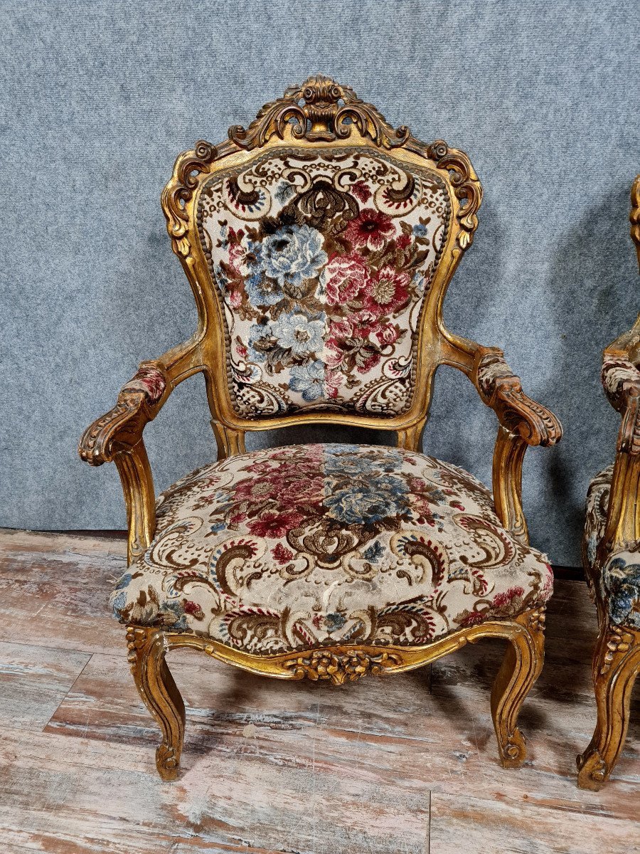 Pair Of Baroque Louis XV Style Armchairs In Gilded And Carved Wood-photo-1