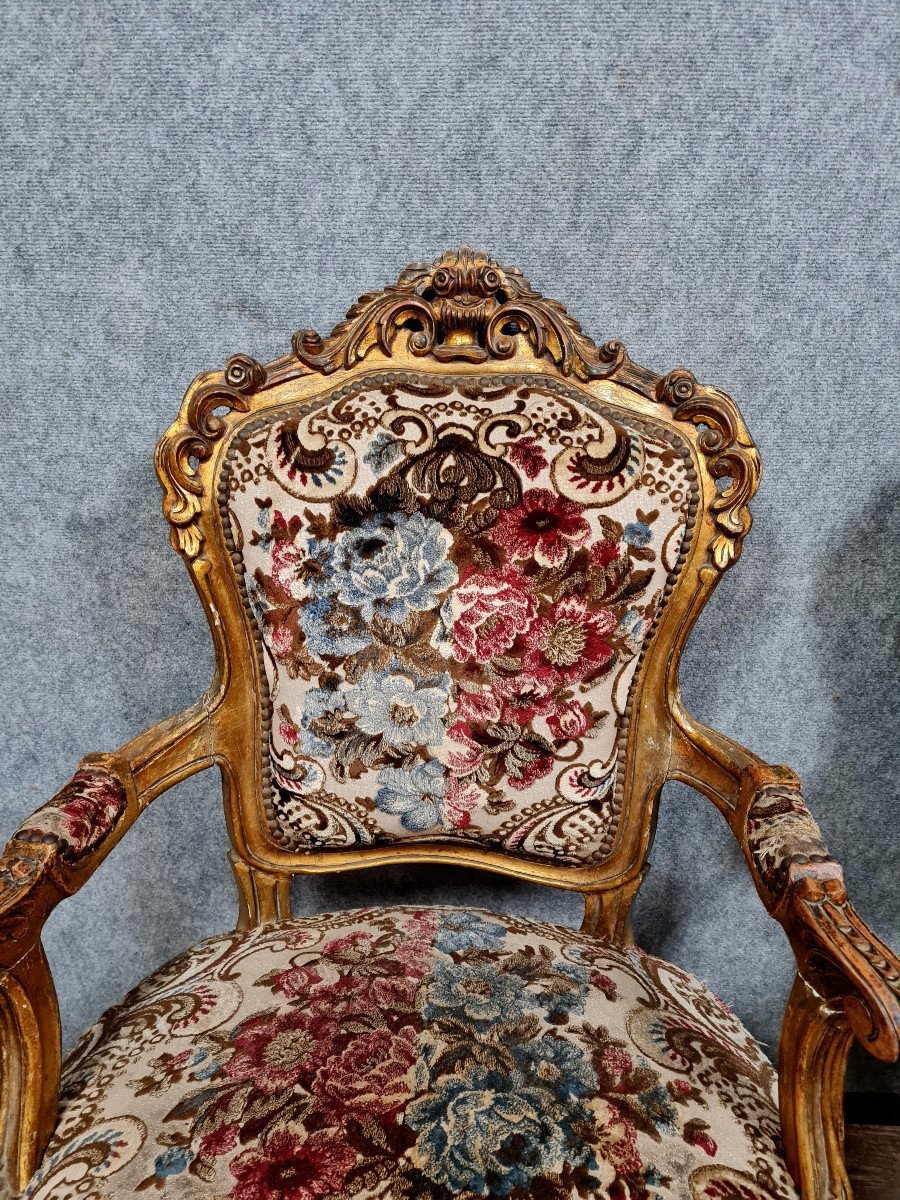 Pair Of Baroque Louis XV Style Armchairs In Gilded And Carved Wood-photo-2