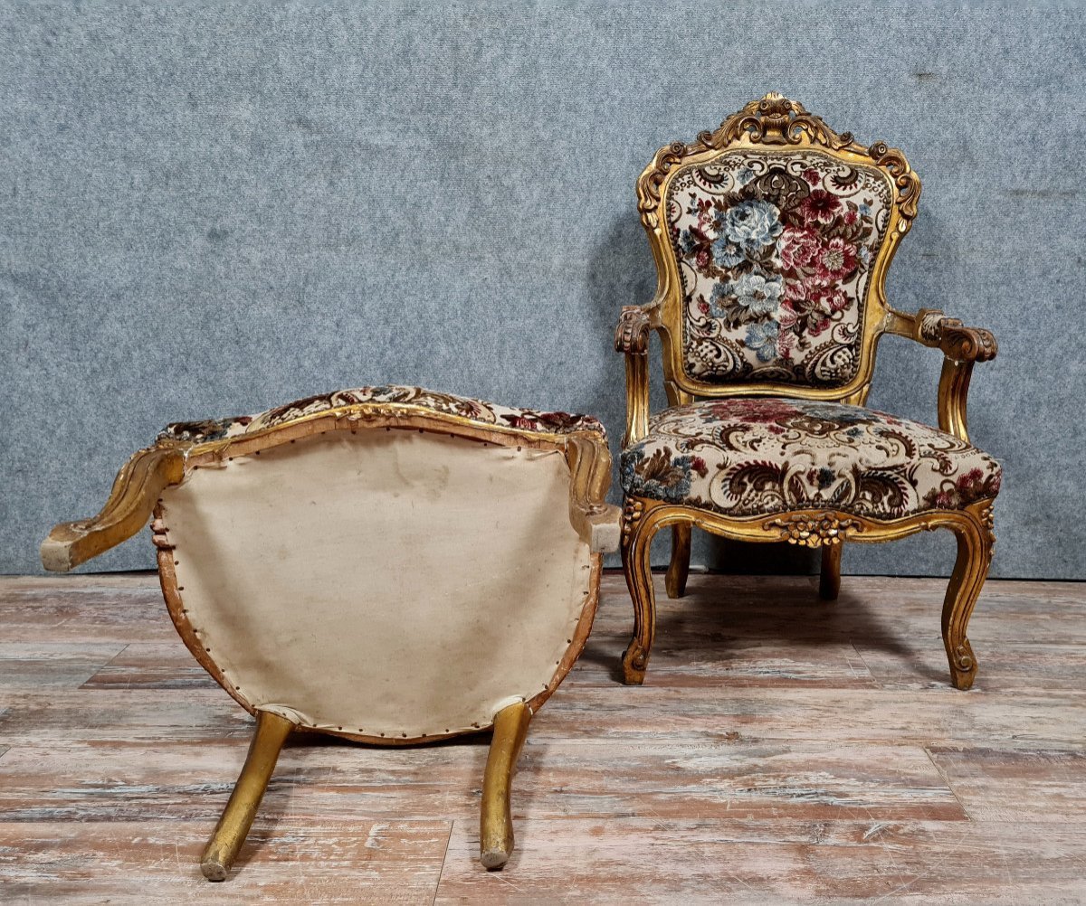 Pair Of Baroque Louis XV Style Armchairs In Gilded And Carved Wood-photo-5