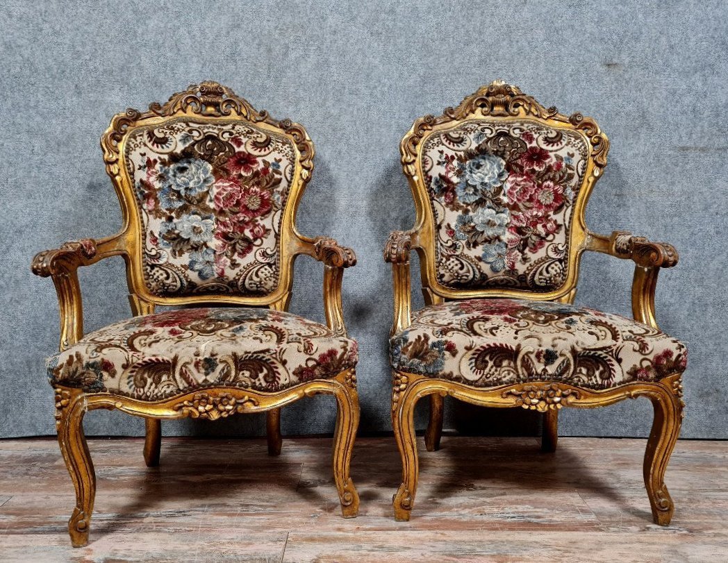 Pair Of Baroque Louis XV Style Armchairs In Gilded And Carved Wood