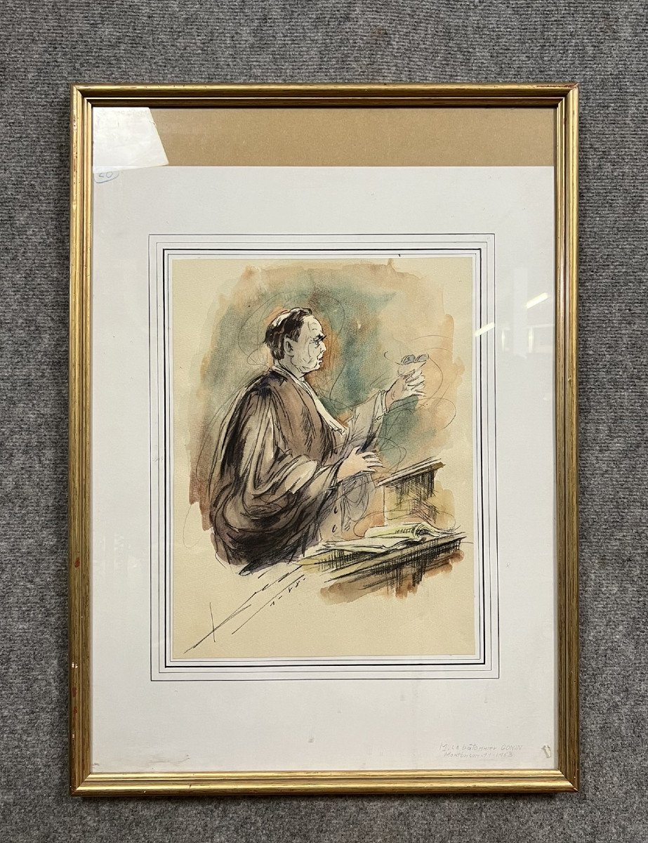Watercolor Drawing Representing A Judge During A Trial 