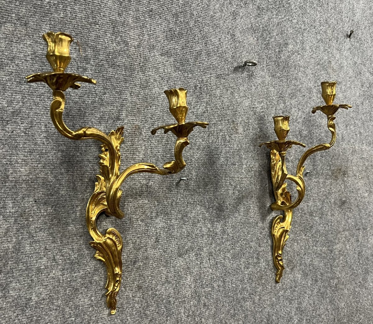 Pair Of Louis XV Style Sconces In Bronze, With Two Candle Arms  -photo-1