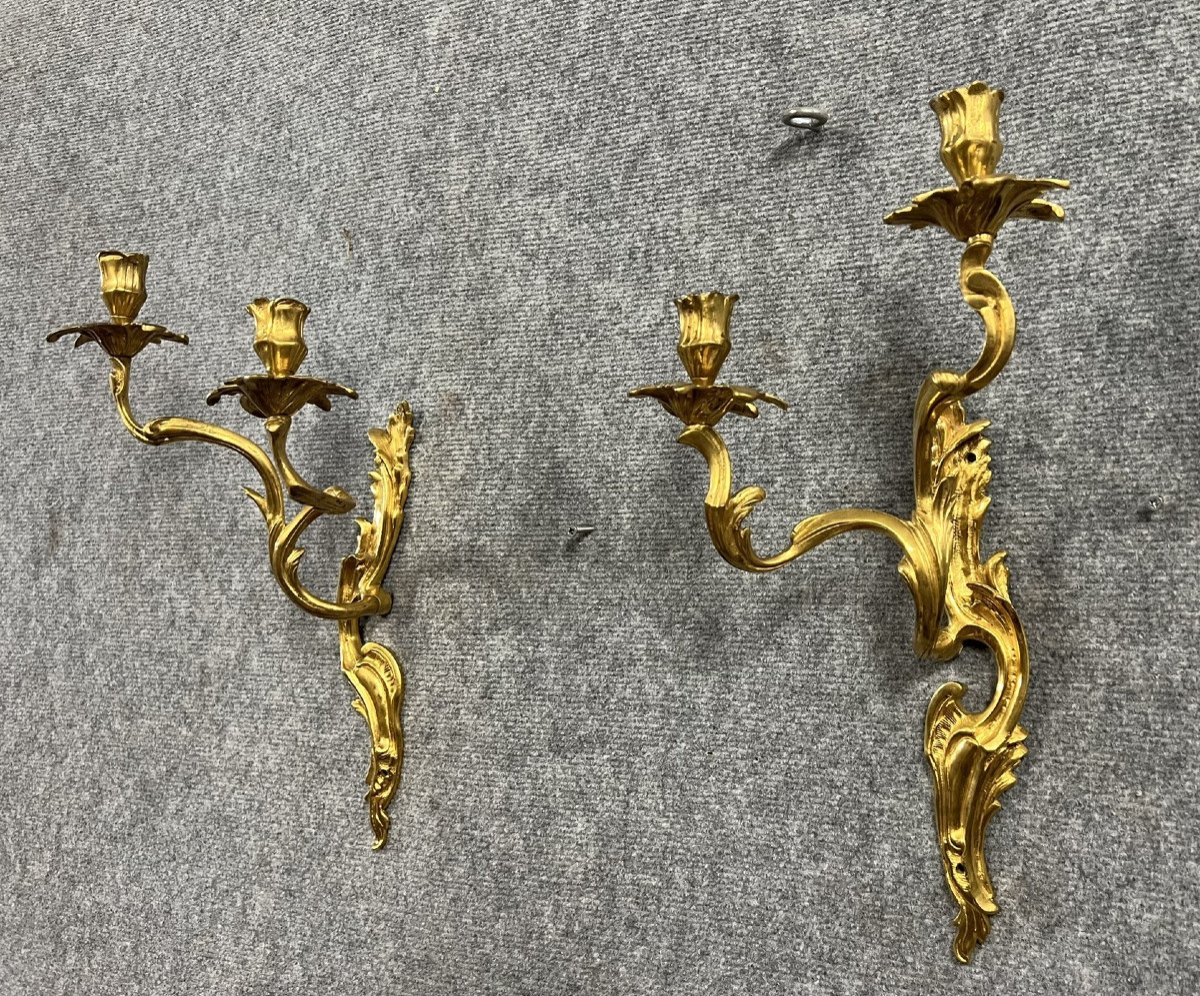 Pair Of Louis XV Style Sconces In Bronze, With Two Candle Arms  -photo-2