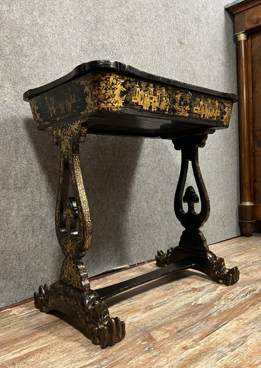 Lacquer Work Table, Blackened Wood Decorated With Chinese Scenes, Napoleon III Period -photo-2