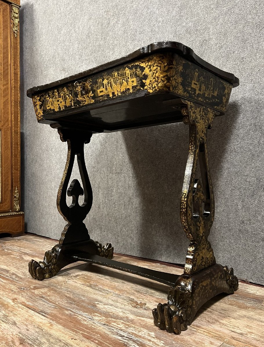 Lacquer Work Table, Blackened Wood Decorated With Chinese Scenes, Napoleon III Period -photo-3