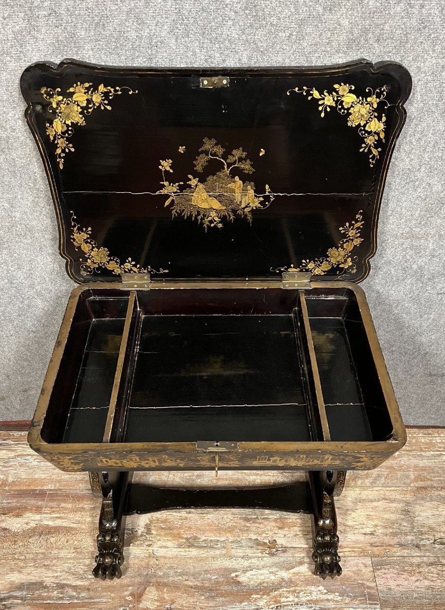 Lacquer Work Table, Blackened Wood Decorated With Chinese Scenes, Napoleon III Period -photo-6
