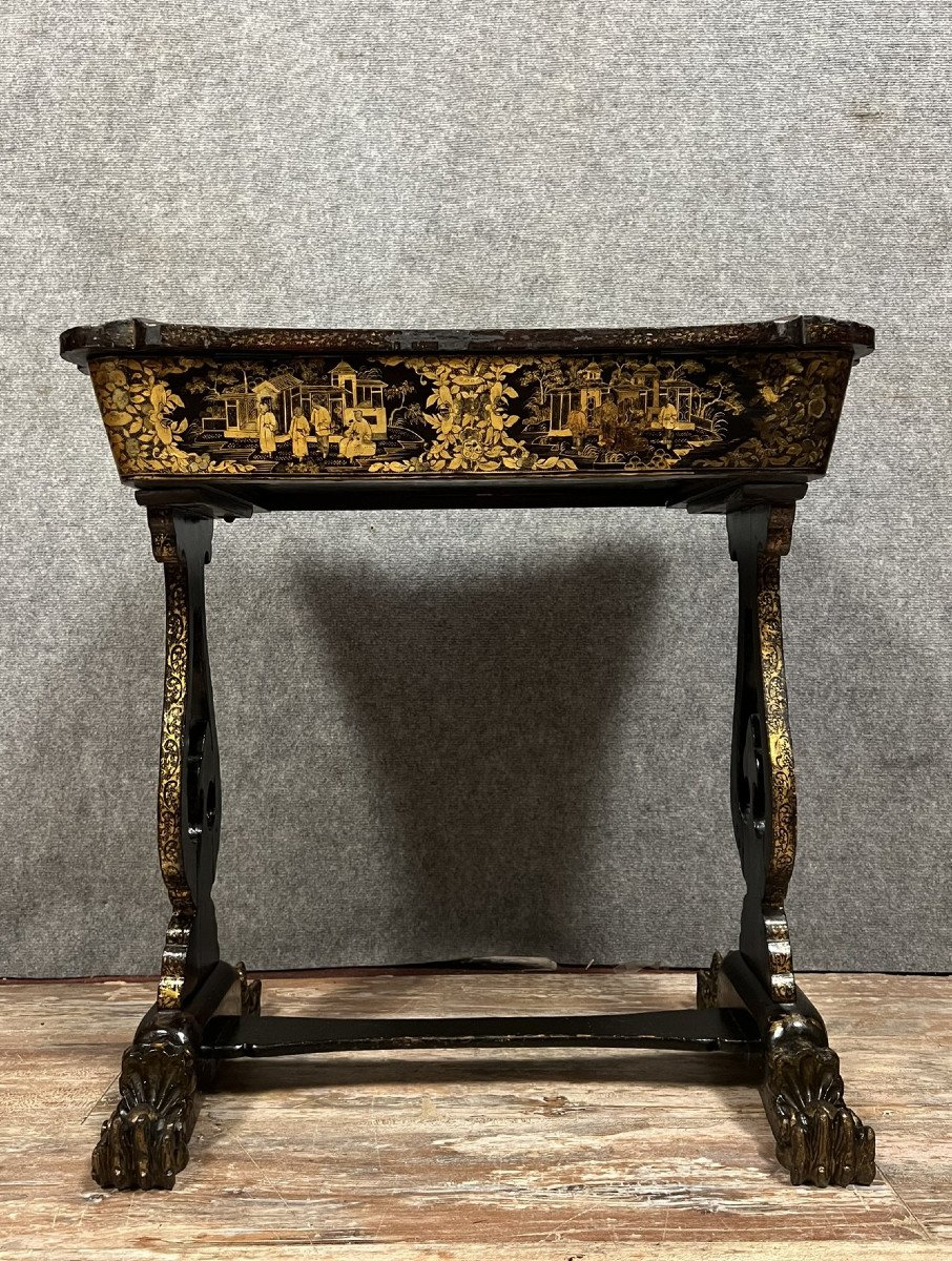 Lacquer Work Table, Blackened Wood Decorated With Chinese Scenes, Napoleon III Period -photo-8