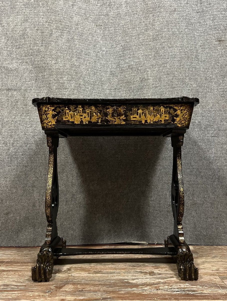 Lacquer Work Table, Blackened Wood Decorated With Chinese Scenes, Napoleon III Period 