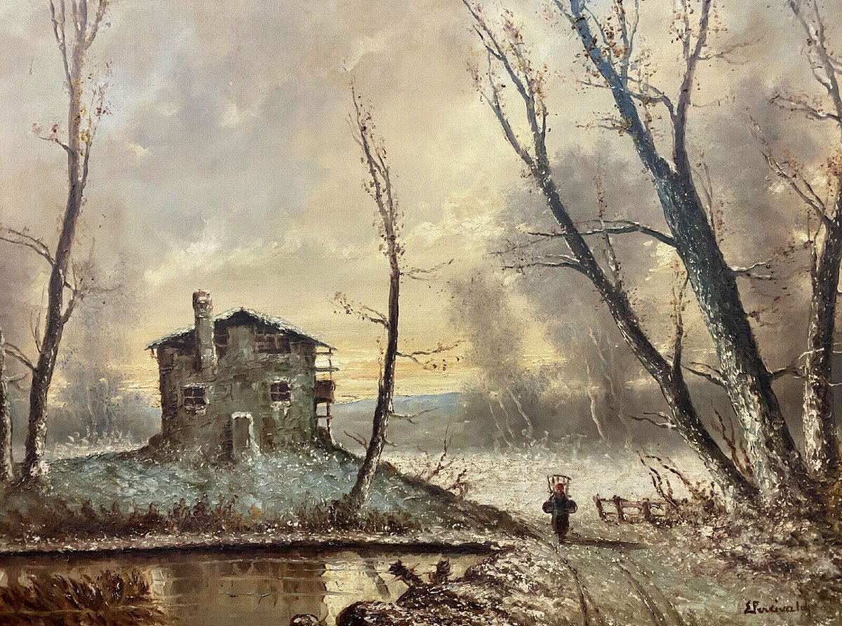 20th Century Italian School - Large Oil On Panel Depicting A Winter Landscape / H93 X 122 Cm