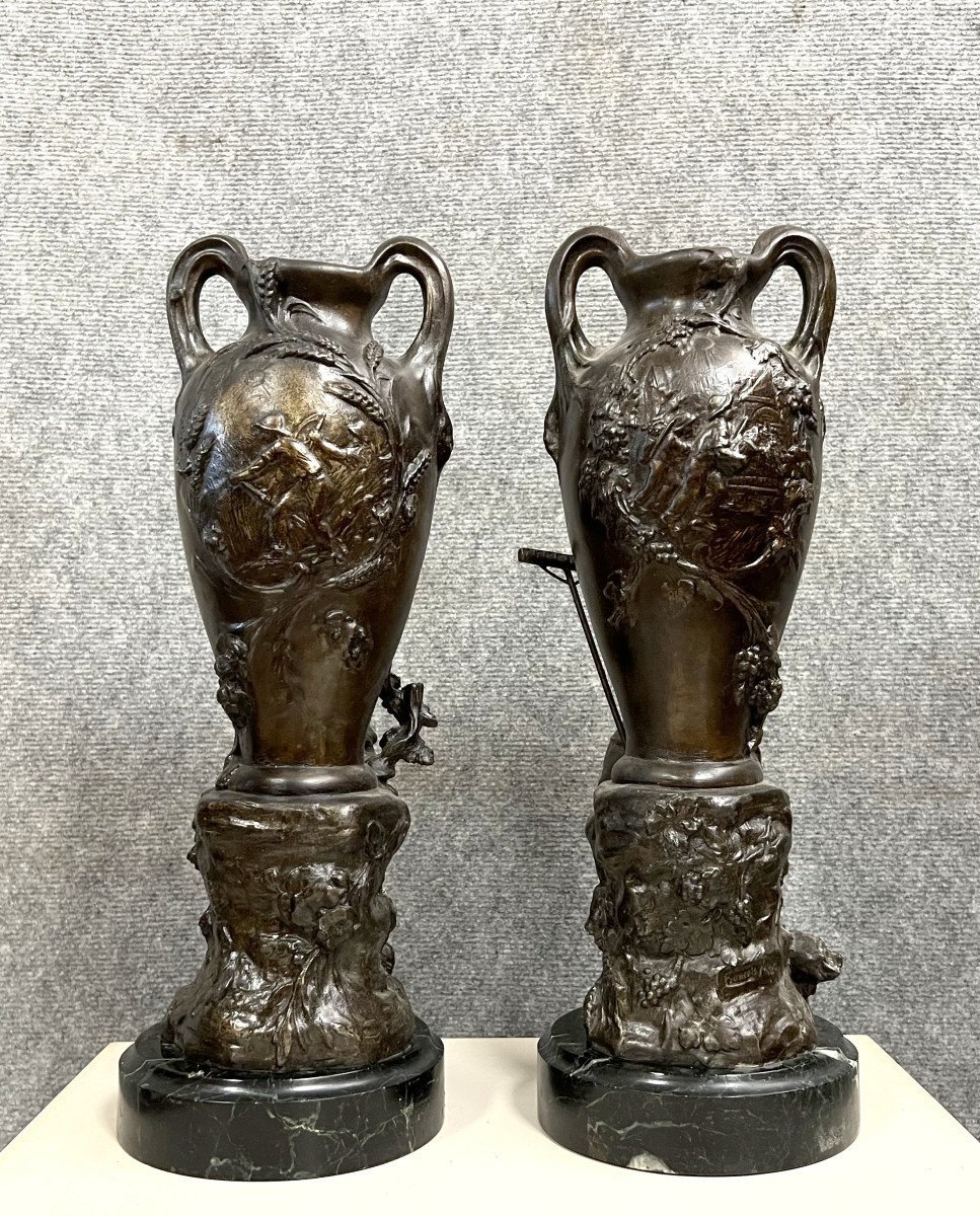 François Moreau: Very Large Pair Of Patinated Regulate Vases, 19th Century -photo-4